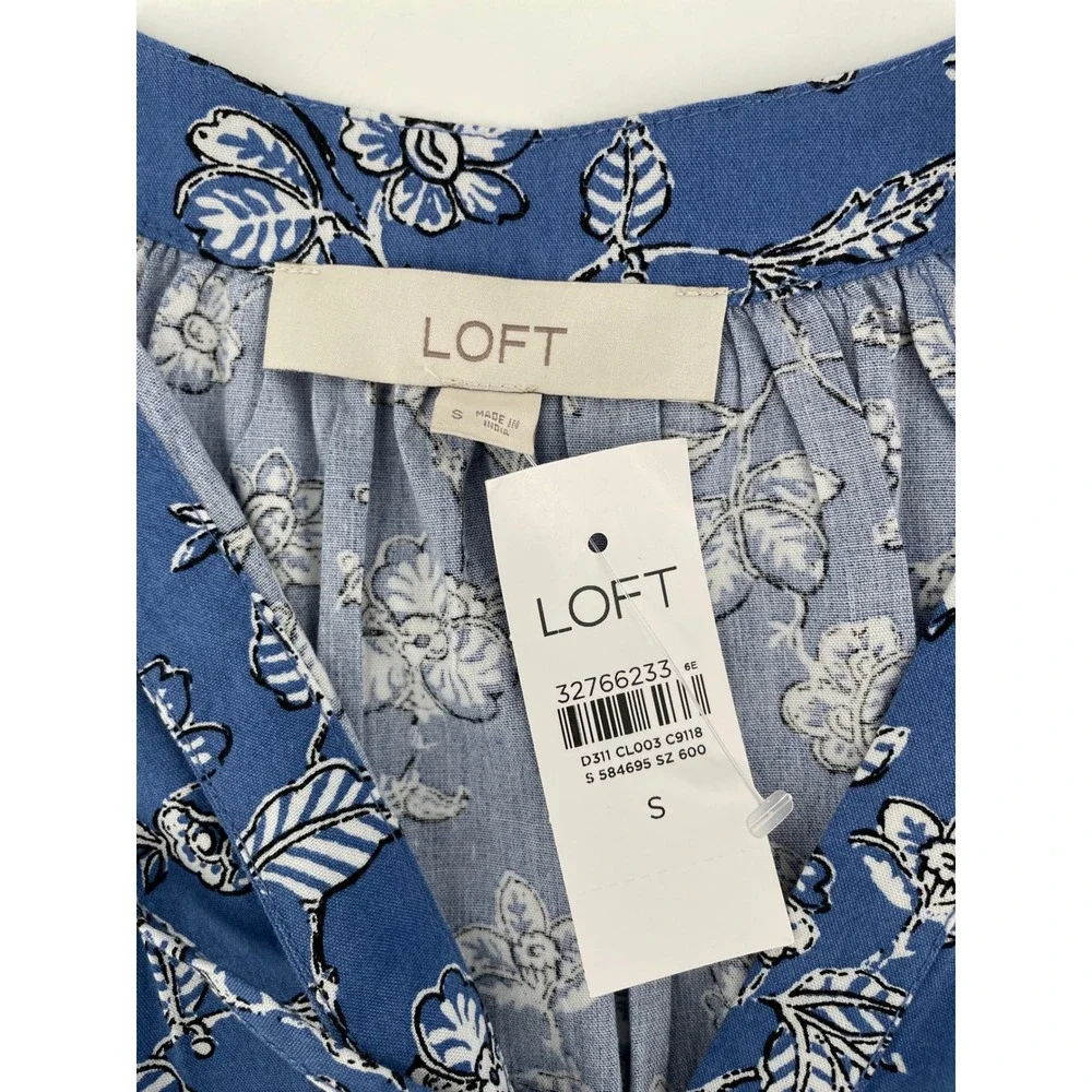 LOFT Floral Top Womens Small Blue Cottage Country Western Boho Puff Sleeve NEW